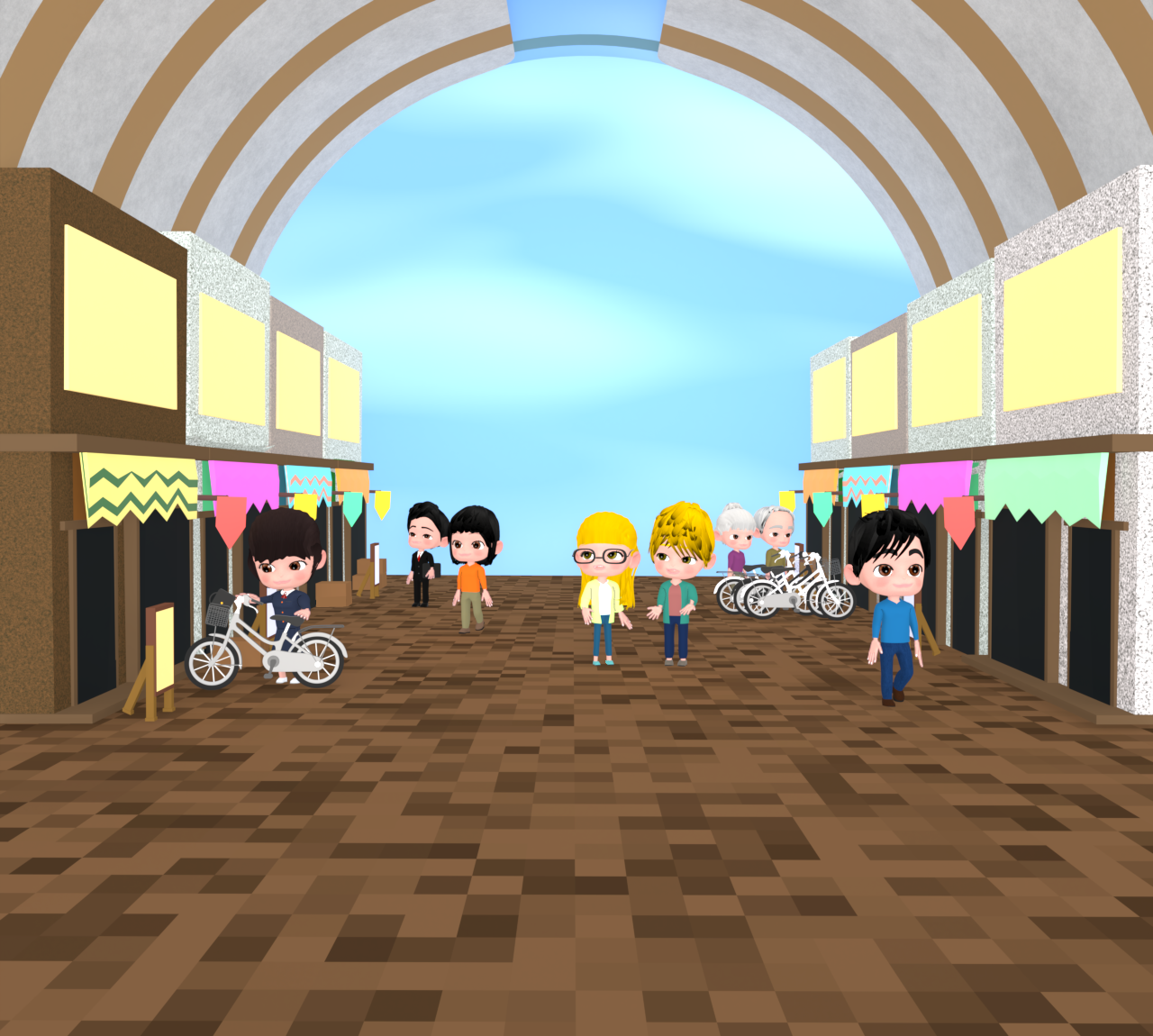 買い物客と商店街アーケードのイラスト