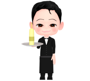 銀盆にワインを乗せて運ぶウェイターのイラスト