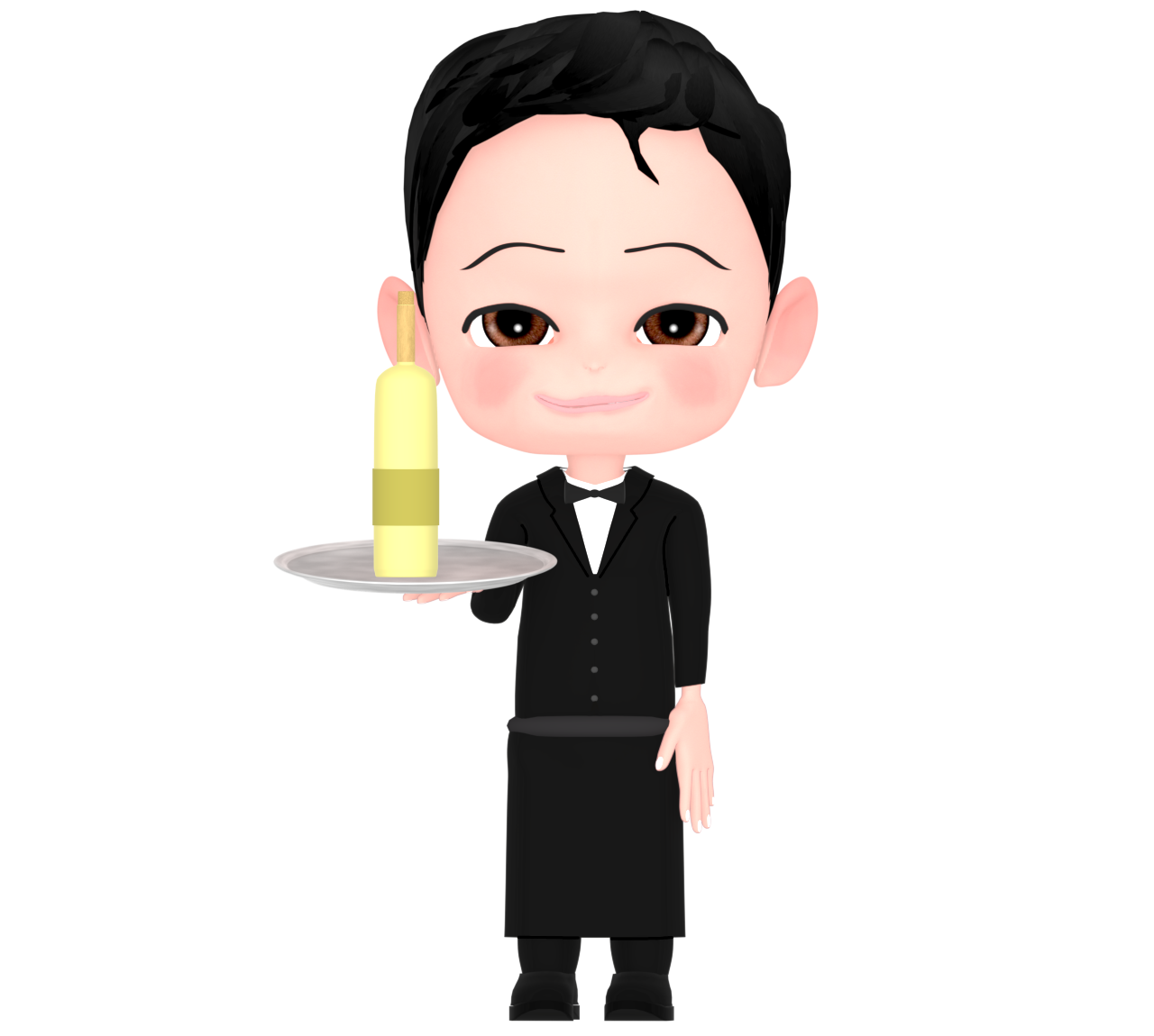 銀盆にワインを乗せて運ぶウェイターのイラスト