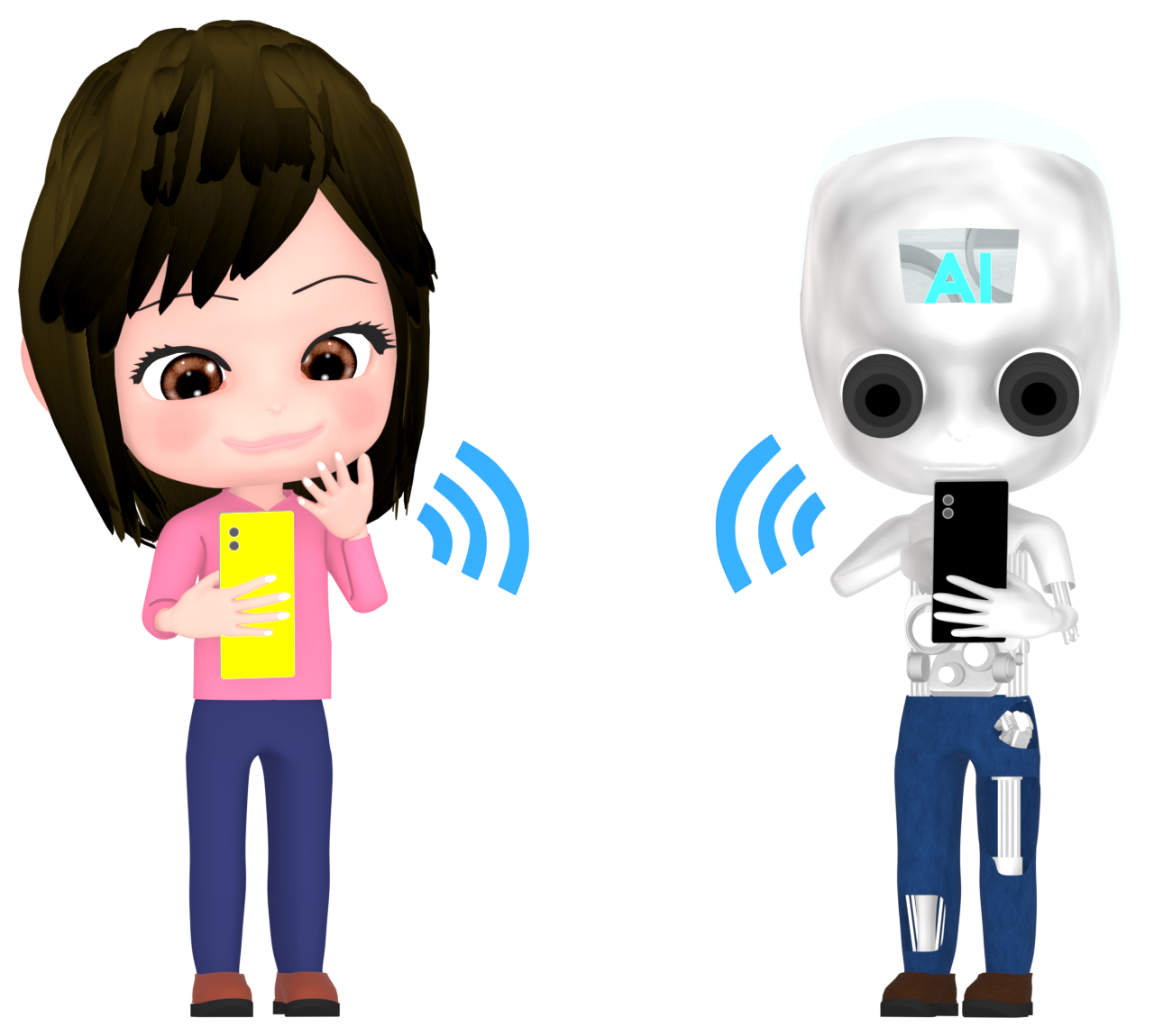 スマホで人工知能とやり取りをする人のイラスト