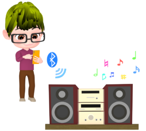 スマホのBluetoothでコンポと接続をする男性のイラスト