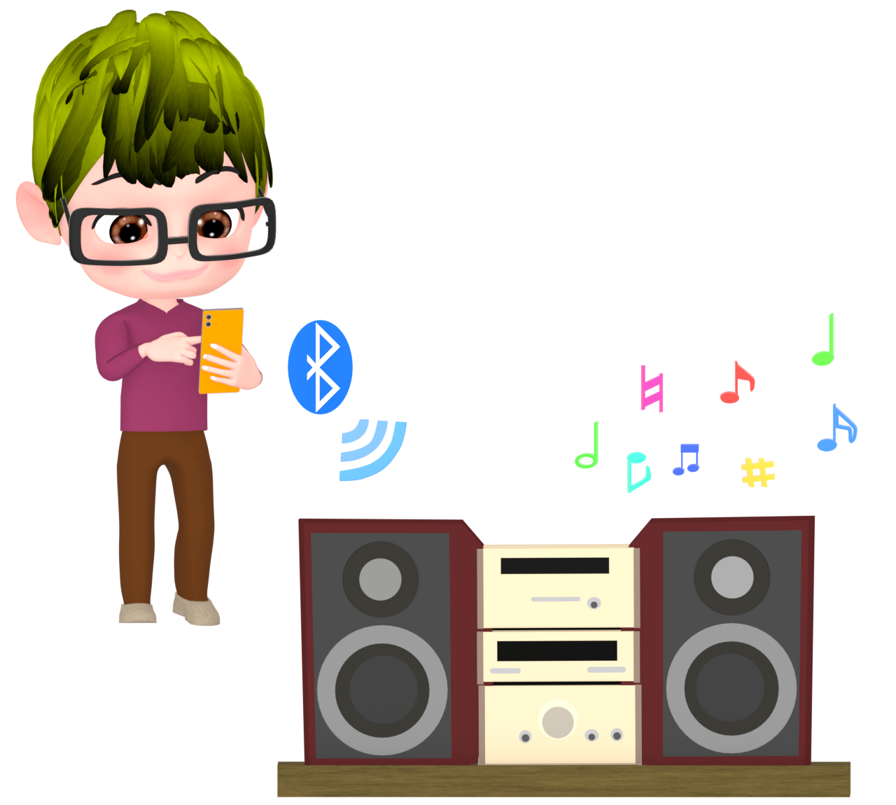 スマホのBluetoothでコンポと接続をする男性のイラスト 6 スマホのBluetoothでコンポと接続をする男性のイラスト