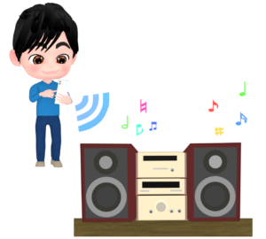 スマホからコンポに音を飛ばす無線通信のイラスト