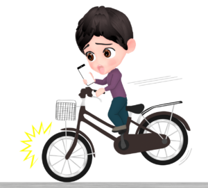 スマホを片手に急ブレーキをかける自転車のイラスト