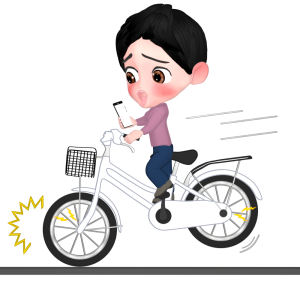 スマホを片手に急ブレーキをかける自転車のイラスト