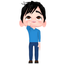 笑顔で上を指差す男性のイラスト