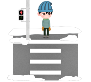 雪が残る横断歩道で止まる男性のイラスト