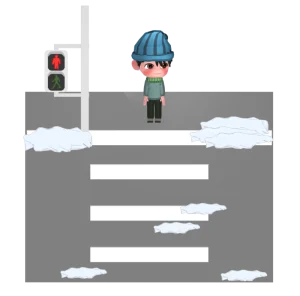 雪が残る横断歩道で止まる男性のイラスト