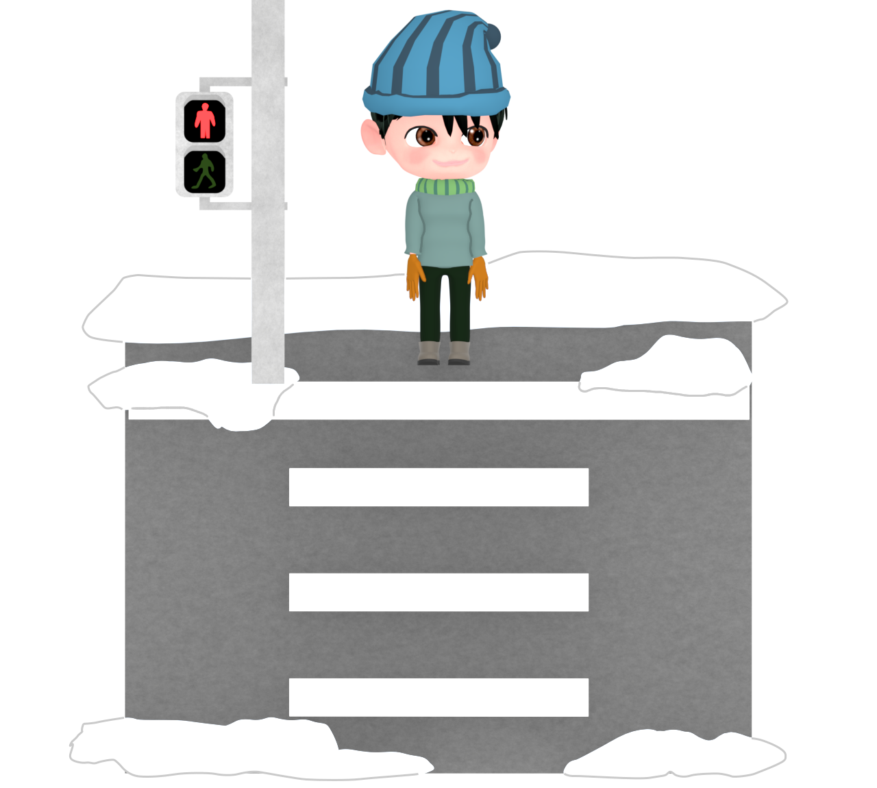 雪が残る横断歩道で止まる男性のイラスト