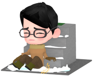 雪が残る階段で転ぶ男性のイラスト