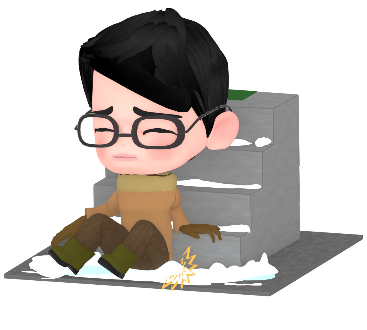 雪が残る階段で転ぶ男性のイラスト