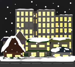 雪が降る夜の住宅街のイラスト