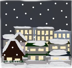 雪が降る夜の住宅街のイラスト