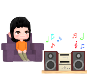 ソファーで音楽鑑賞をする女性のイラスト
