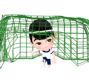 運動会で障害物競走の網を潜る男の子のイラスト