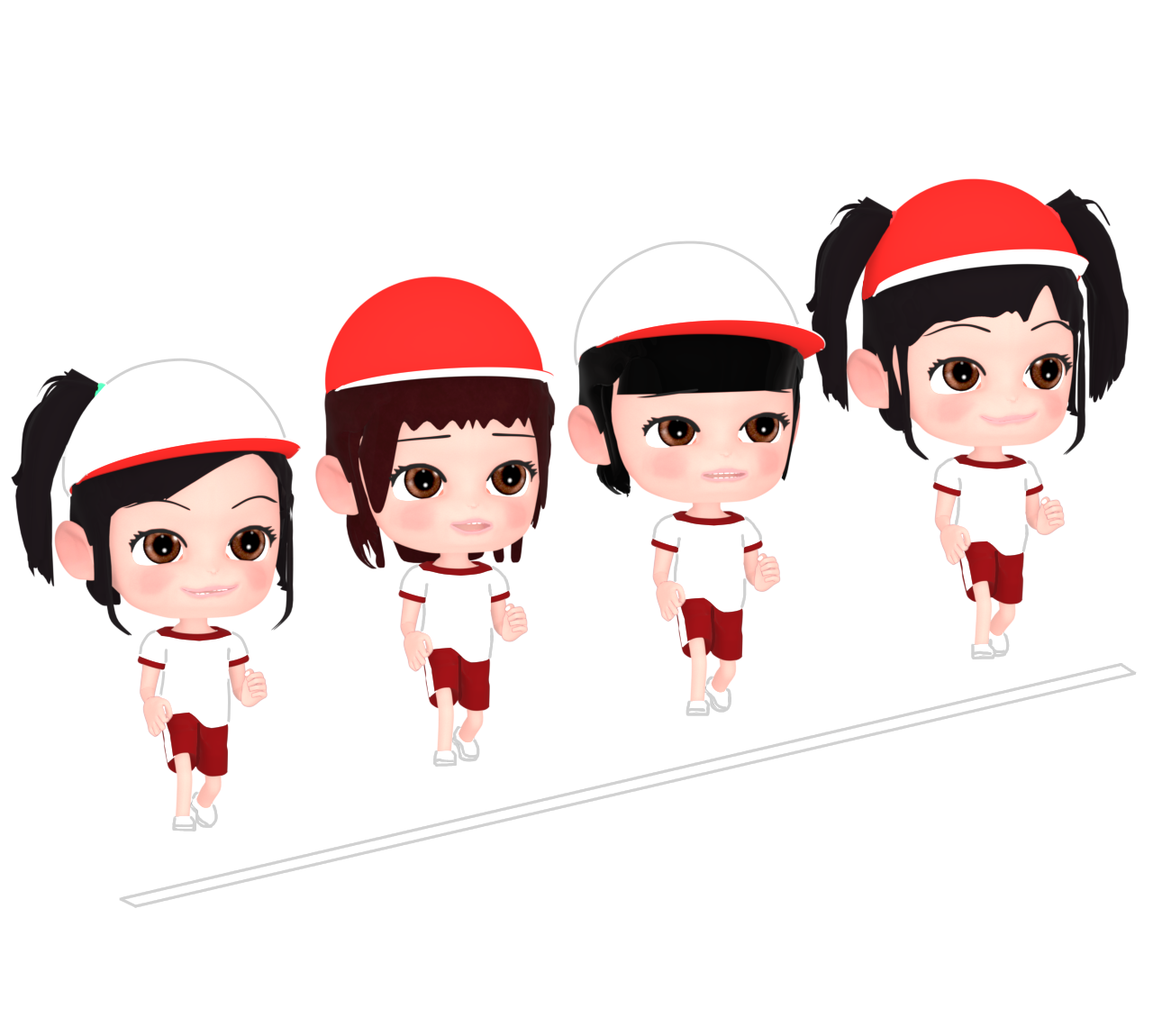 スタート位置に並ぶ徒競走の女の子のイラスト