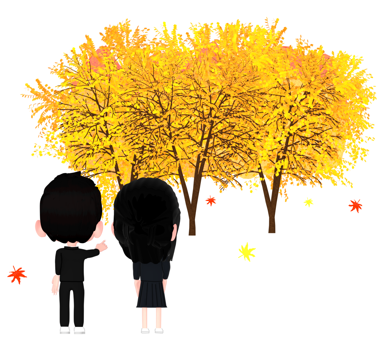 もみじの木を眺める学生のイラスト