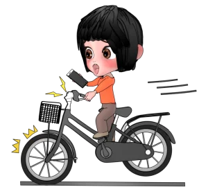 自転車で急ブレーキをするスマホを持つ女性のイラスト