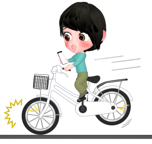 自転車で急ブレーキをするスマホを持つ女性のイラスト