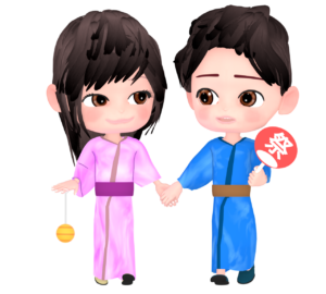 夏祭りでデートをするカップルのイラスト
