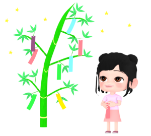 七夕の短冊を飾る女の子のイラスト