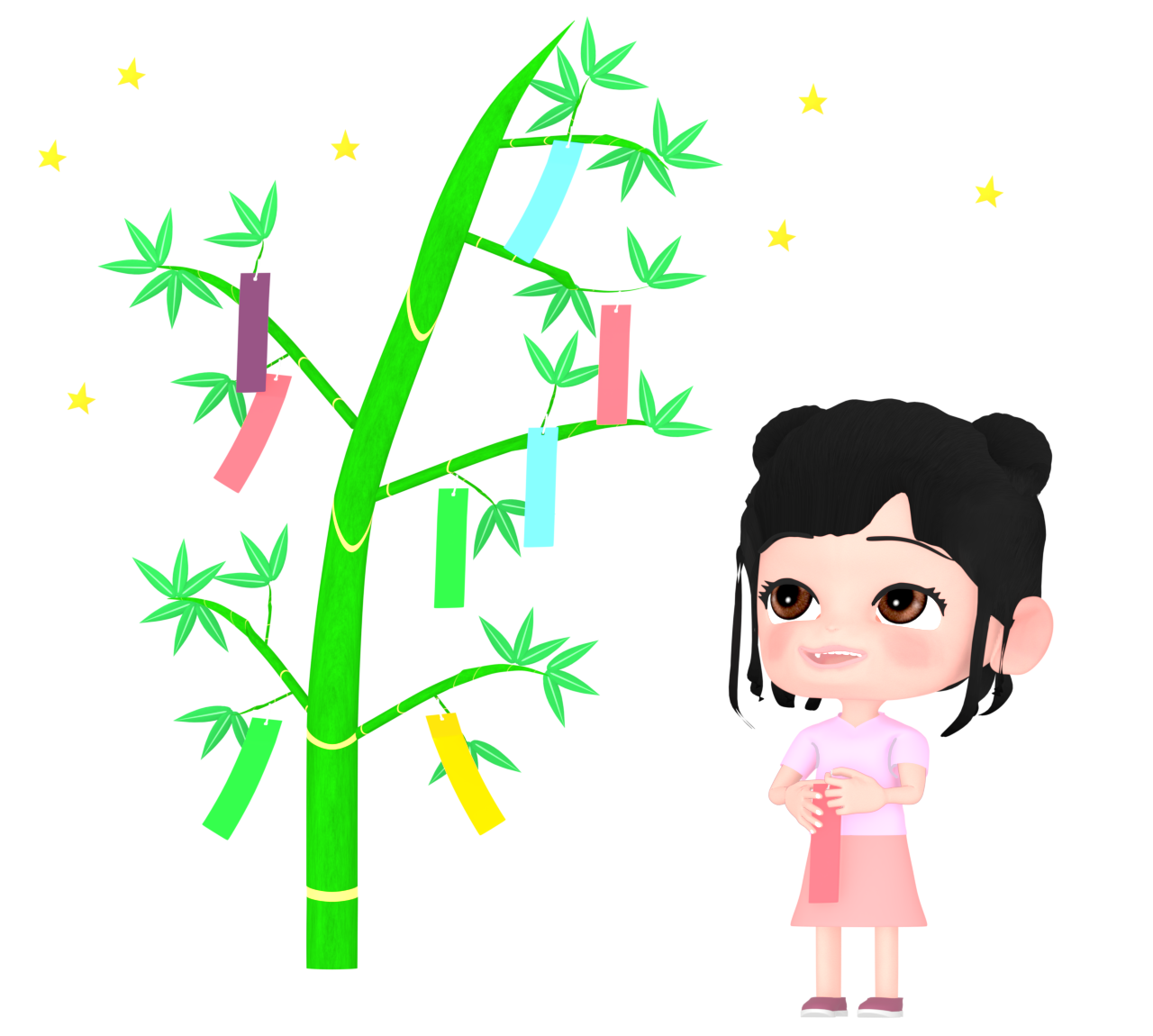 七夕の短冊を飾る女の子のイラスト