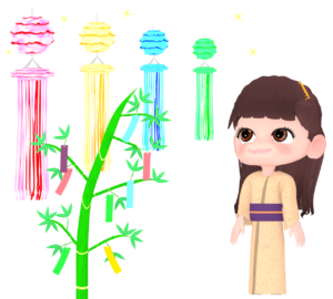 七夕飾りを見る女性のイラスト