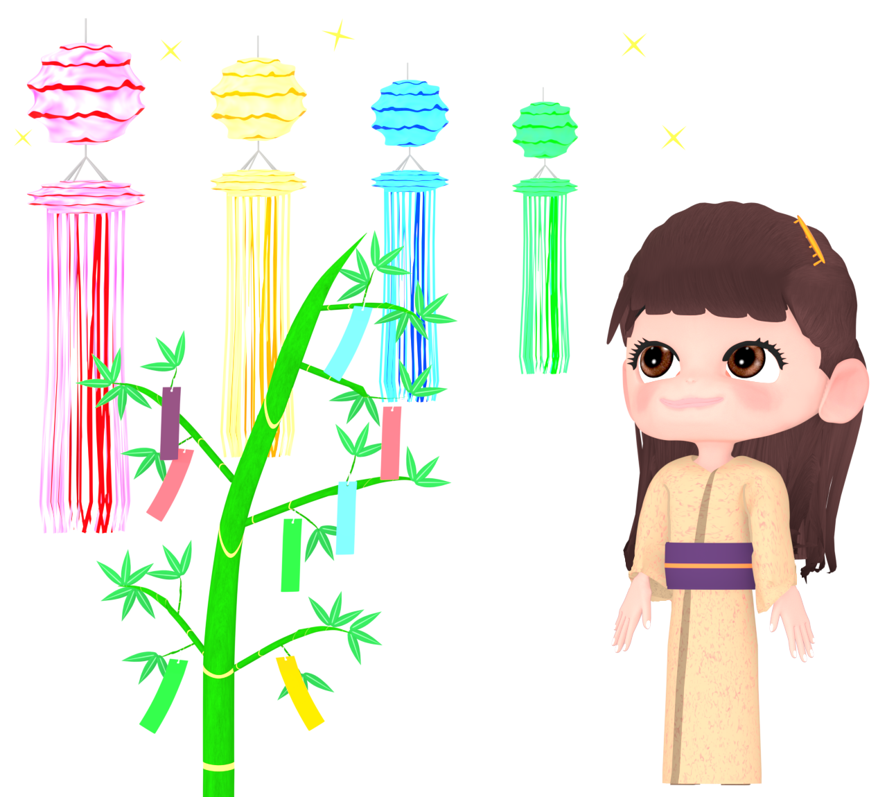 七夕飾りを見る女性のイラスト