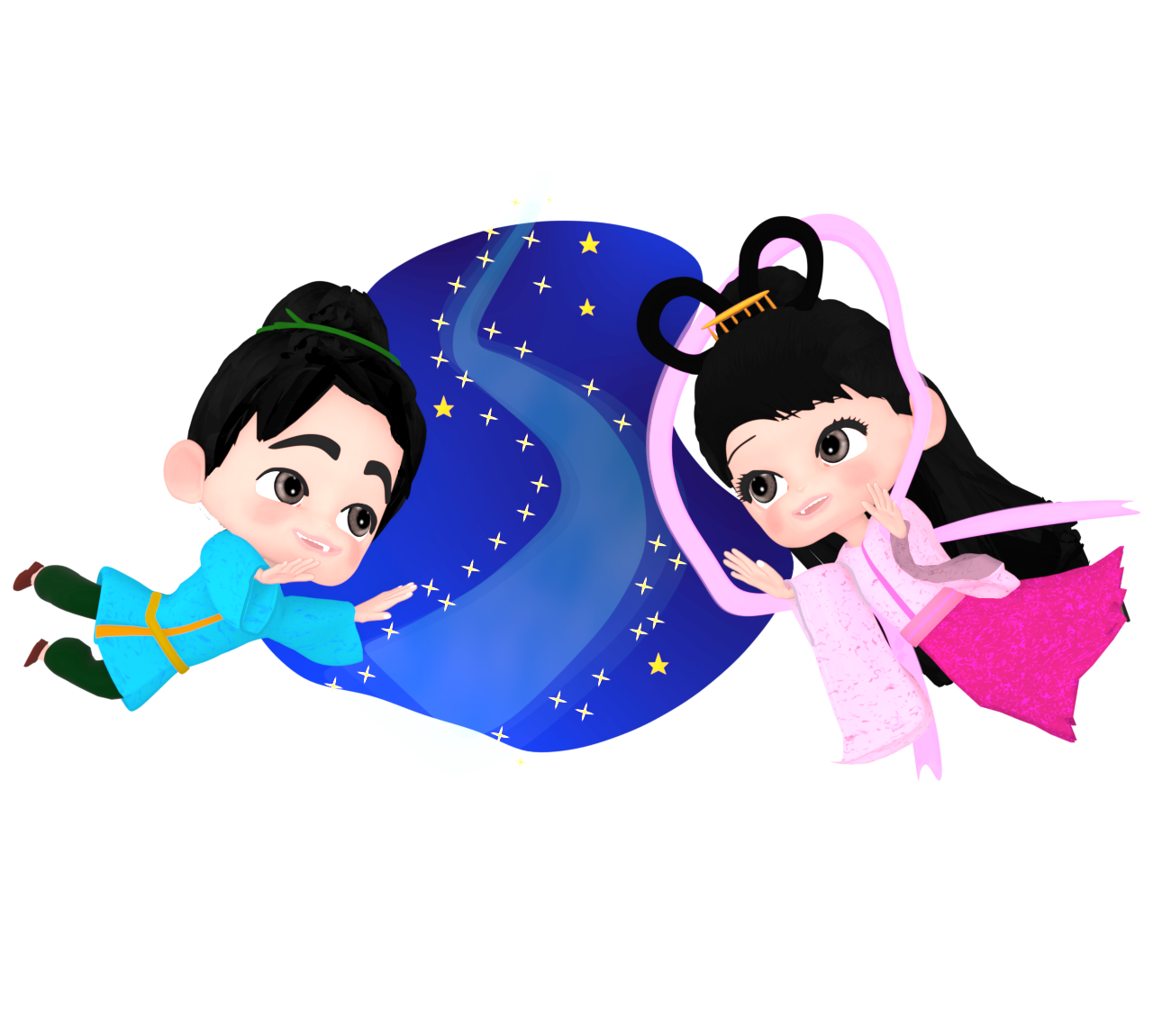 天の川とかわいい織姫彦星のイラスト