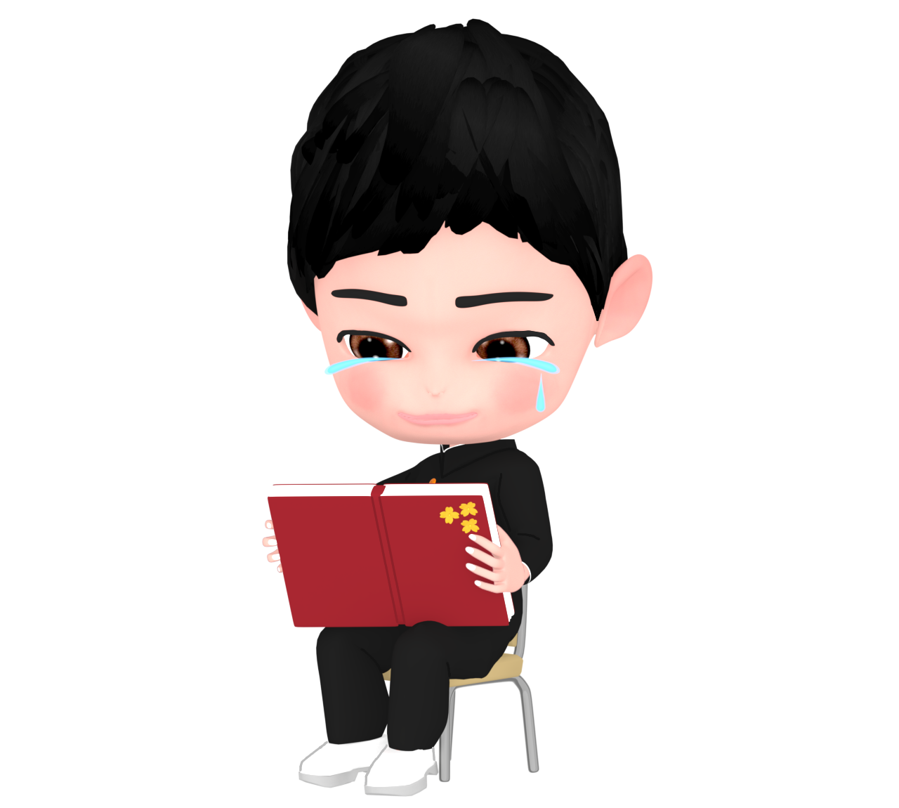 涙を流して卒業アルバムを見る生徒のイラスト