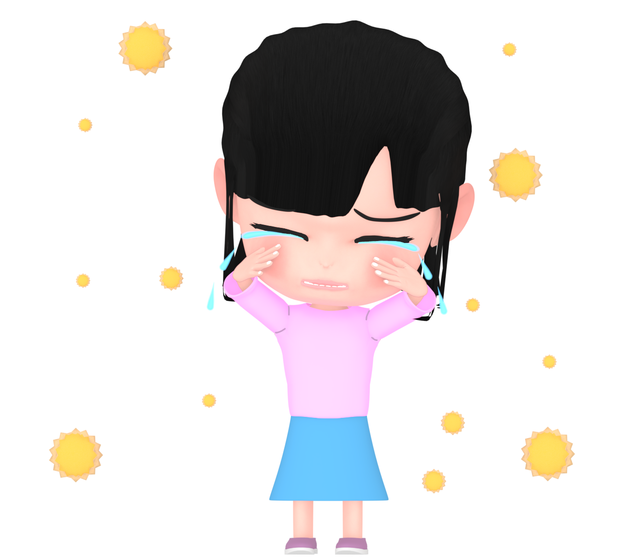 涙がとまらない花粉症の女の子のイラスト