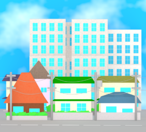 電柱が並ぶ住宅街のイラスト