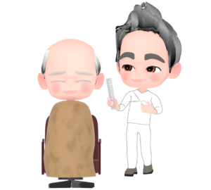薄毛のおじいちゃんを散髪する床屋のイラスト