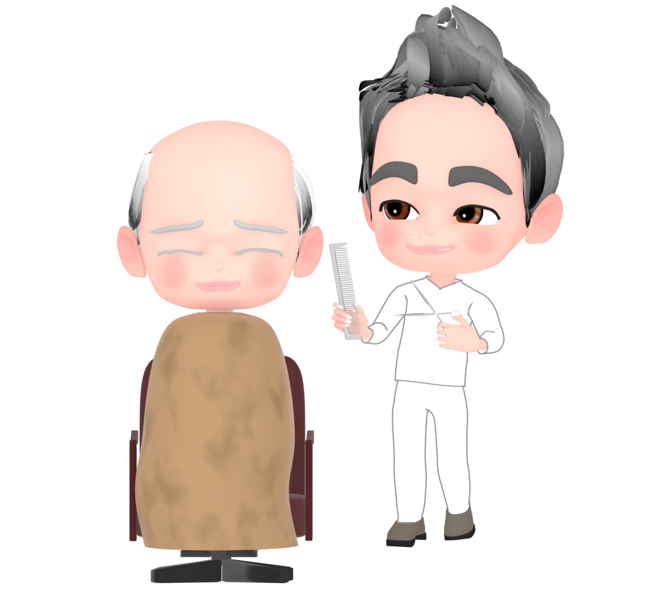 薄毛のおじいちゃんを散髪する床屋のイラスト