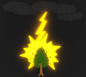 雷雲から雷が落ちた樹木のイラスト