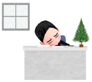 会社のデスクで疲れ果てたサラリーマンのイラスト