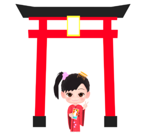 鳥居と着物の女の子のイラスト