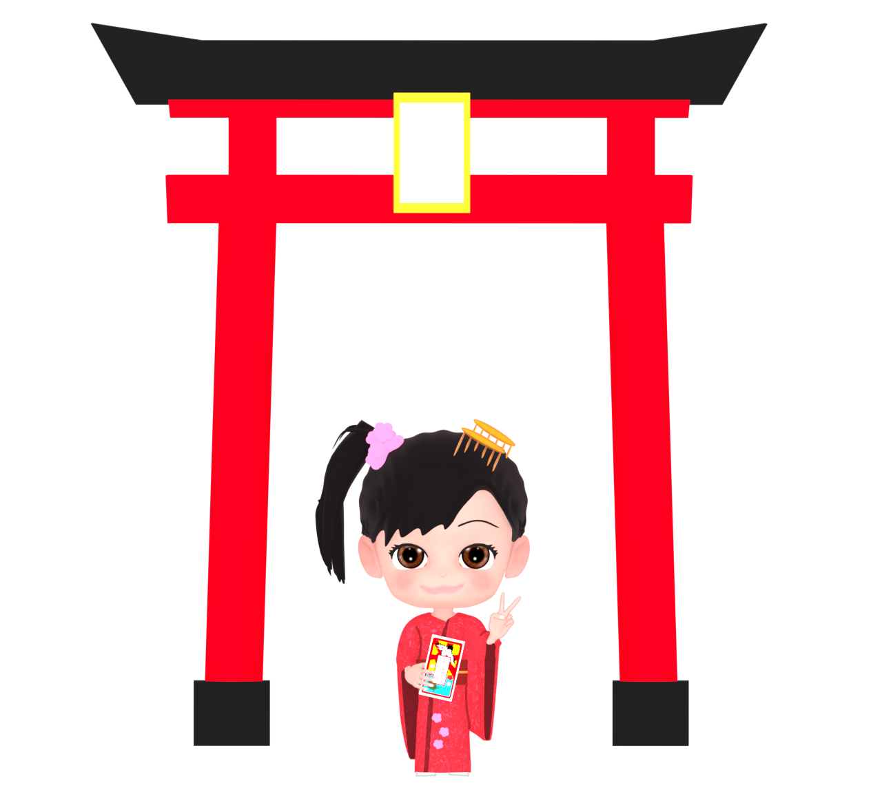 鳥居と着物の女の子のイラスト