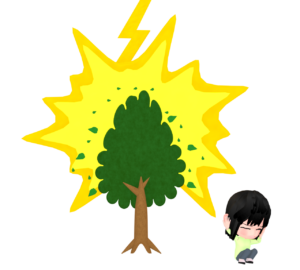 木に落ちる雷と伏せる人のイラスト