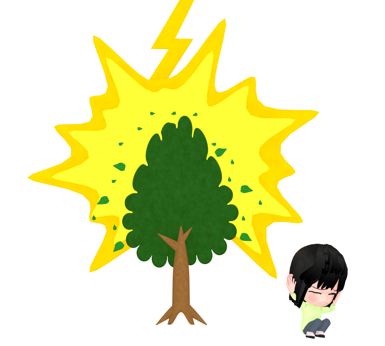 木に落ちる雷と伏せる人のイラスト