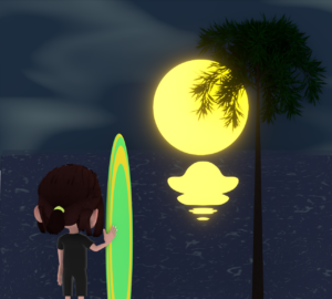 夜の海とサーフボードを持つ女性のイラスト