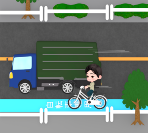 トラックの横を走る自転車の男性のイラスト