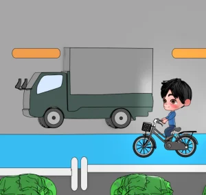 トラックの横を走る自転車の男性のイラスト