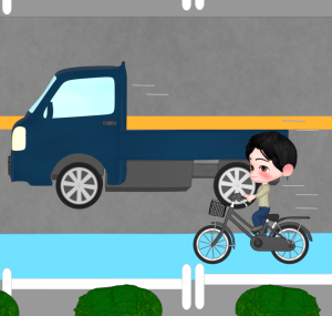 トラックの横を走る自転車の男性のイラスト