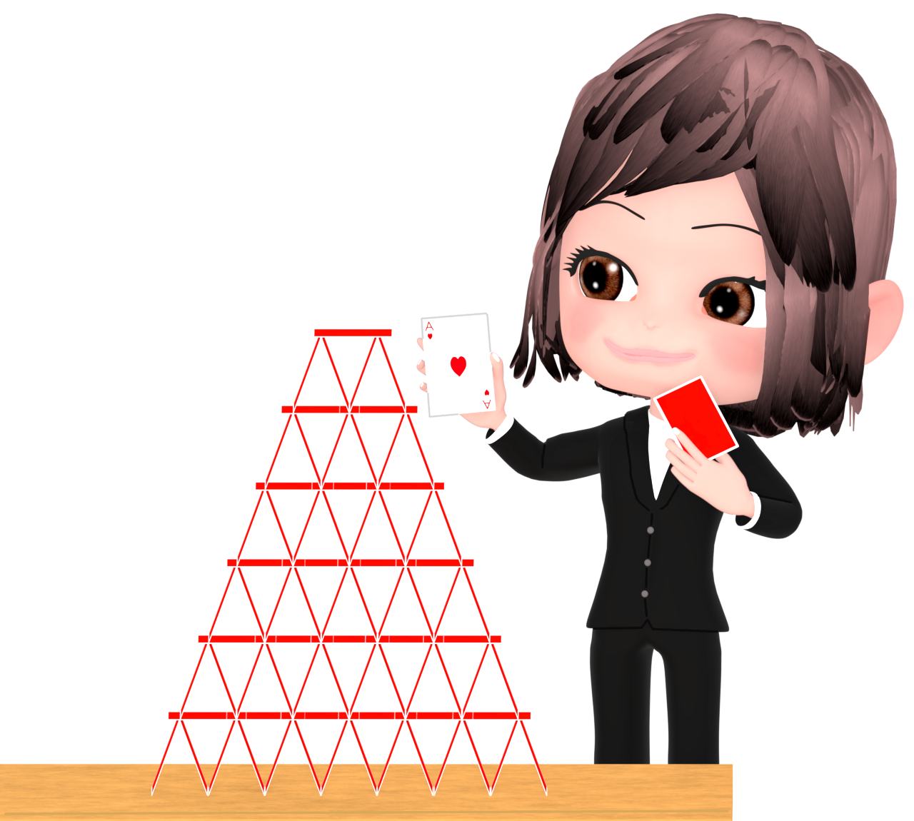 トランプタワーを作る女性のイラスト