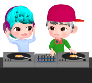 ターンテーブルで音楽をかけるDJのイラスト