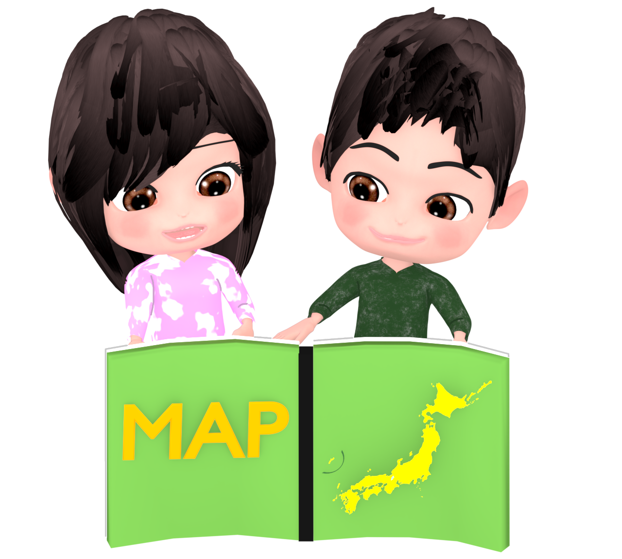 二人で地図帳を見るイラスト