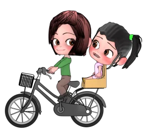 二人乗り自転車で顔を合わせる母と娘のイラスト