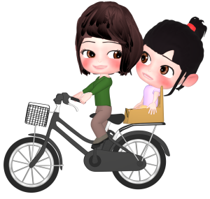 二人乗り自転車で顔を合わせる母と娘のイラスト
