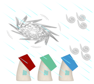 強い台風と傾く家のイラスト